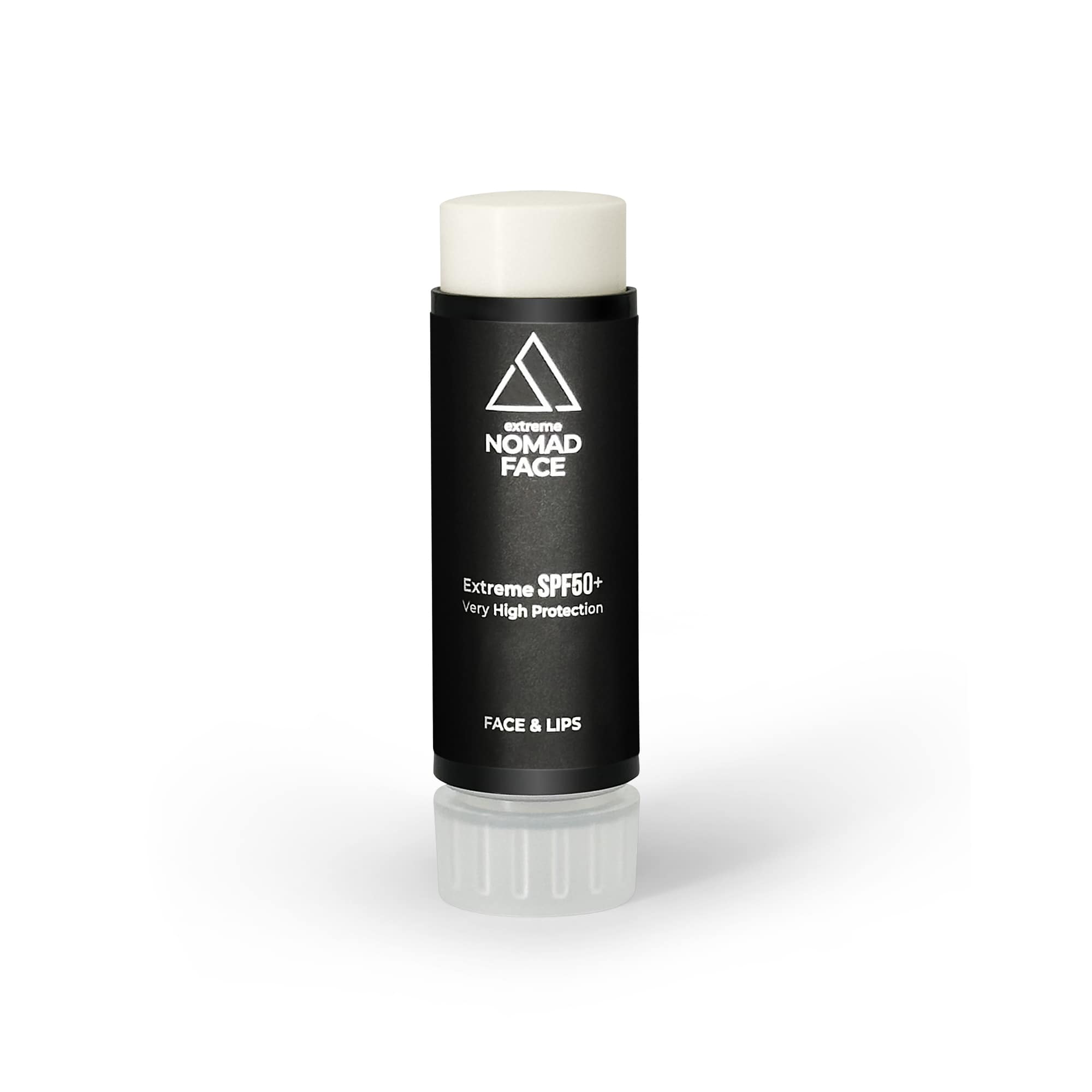 stick spf50+ mejor-proteccion-solar-facial Barra de protección solar negra con la etiqueta "cara nómada" con spf50+ para cara y labios, expuesta sobre un fondo blanco.